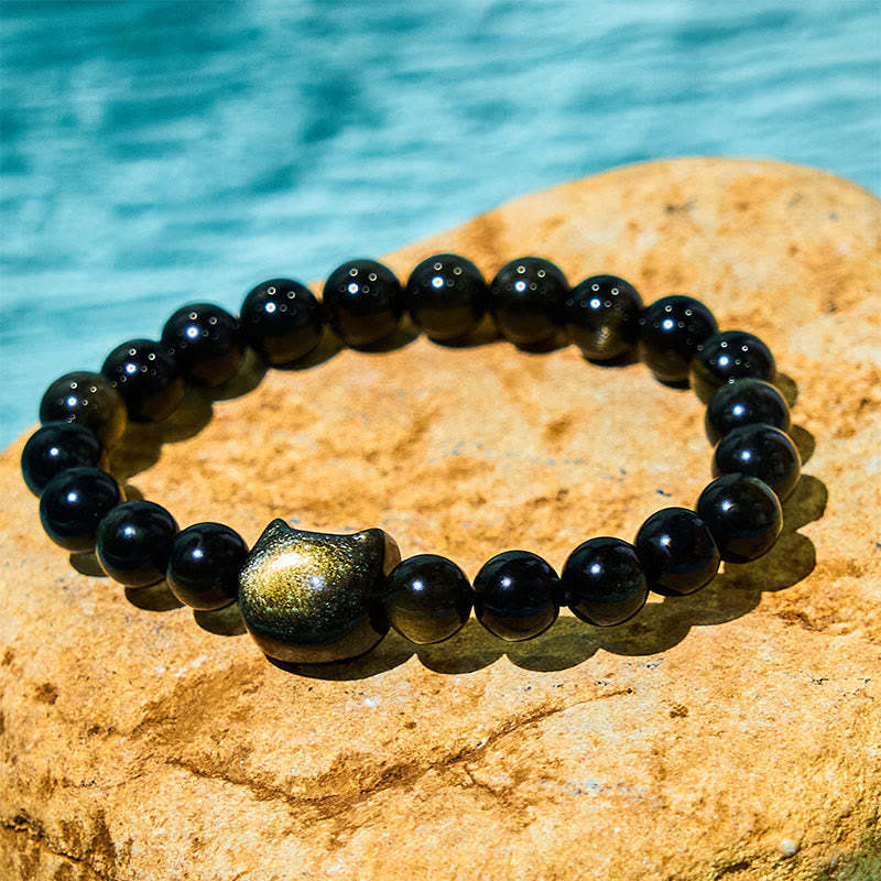 Gold Sheen Obsidian Silver Sheen Obsidian Lovely Paw Lucky Cat Protection Bracelet
