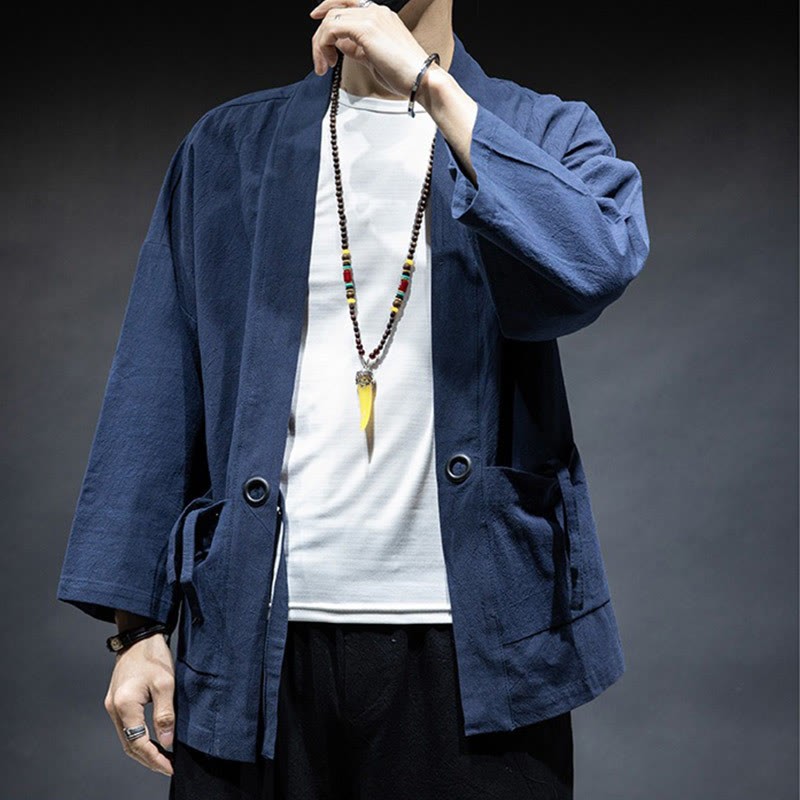 Solid Color Lace-up Open Front Jacket Cotton Men's Kimono