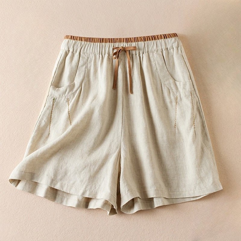 Wild Simple Design Embroidery Drawstring Cotton Linen Women's Shorts With Pockets