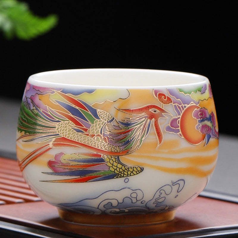 Dragon Phoenix Auspicious Clouds Sun Ocean Waves Ceramic Teacup Kung Fu Tea Cup