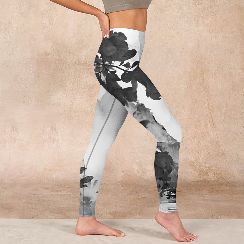 Ink Painting Trees Mountains Scenery Print Gym Leggings Women's Yoga Pants