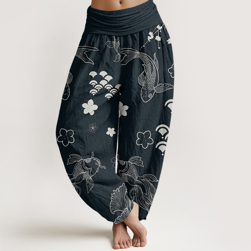 Koi Fish Waves Flowers Design Women's Elastic Waist Harem Pants