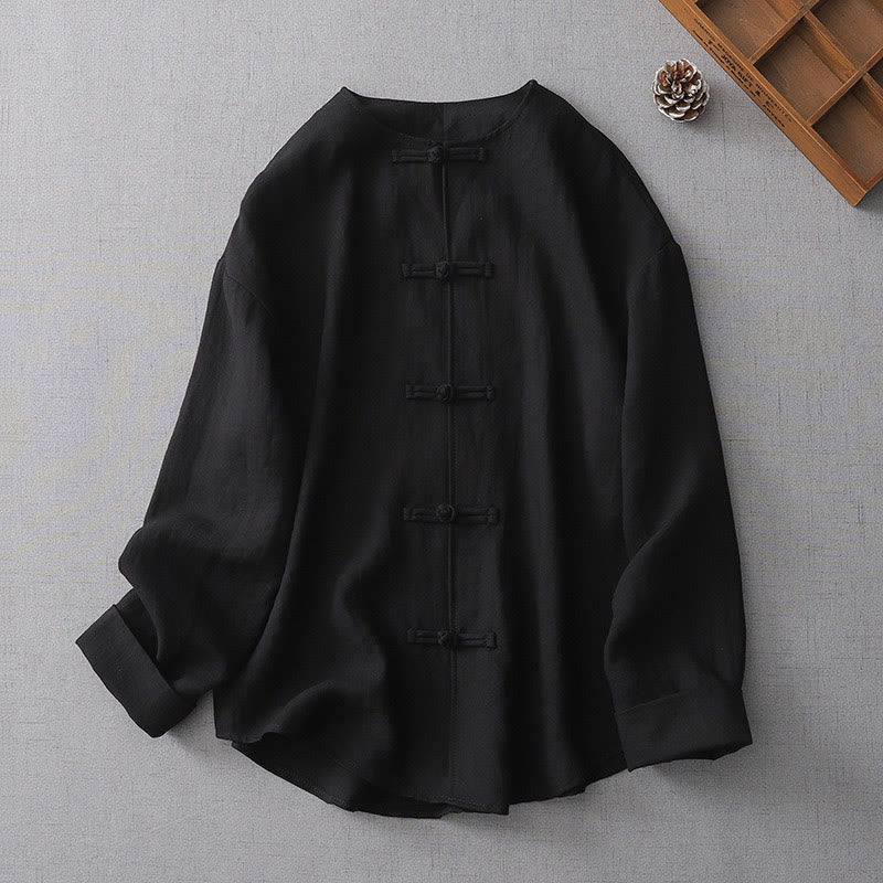 Solid Color Button Long Sleeve Cotton Linen Women's Shirt
