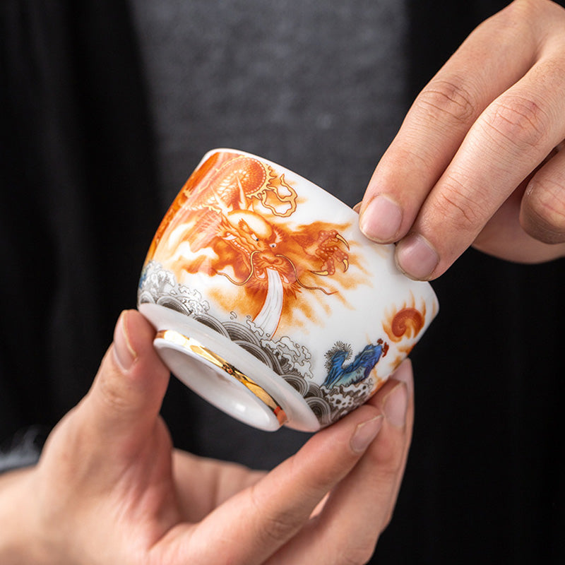 Dragon Phoenix Crane Sun Ocean Waves Gilt Ceramic Teacup Kung Fu Tea Cup 170ml
