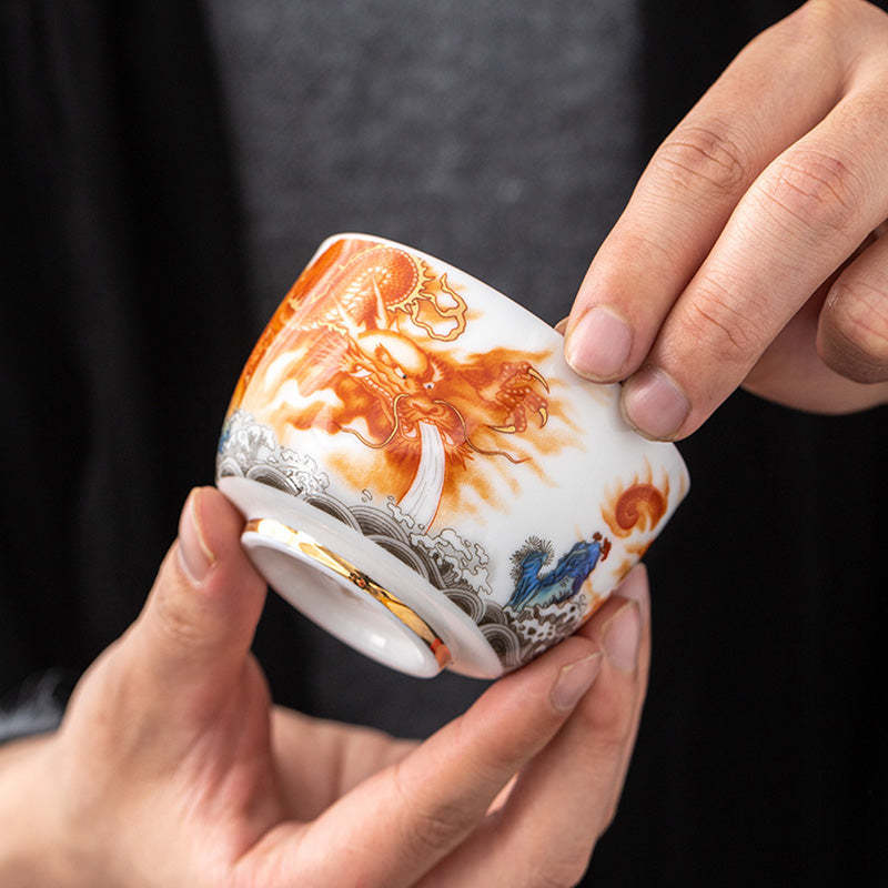Dragon Phoenix Crane Sun Ocean Waves Gilt Ceramic Teacup Kung Fu Tea Cup 170ml