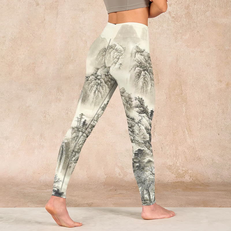 Mountain Tree River Scenery Print Sports Leggings Women's Yoga Pants
