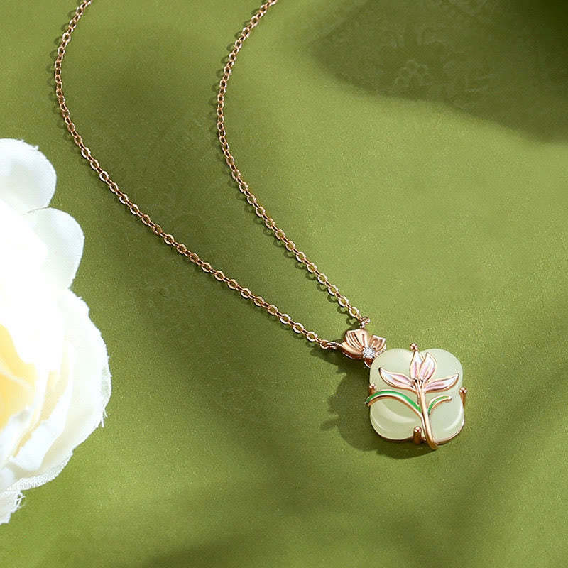 925 Sterling Silver Magnolia Butterfly Hetian Jade Four Leaf Clover Blessing Earrings Necklace Pendant