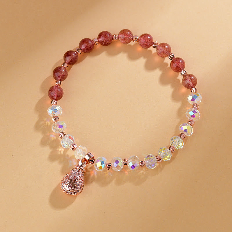 Strawberry Quartz White Crystal Money Bag Charm Positive Bracelet