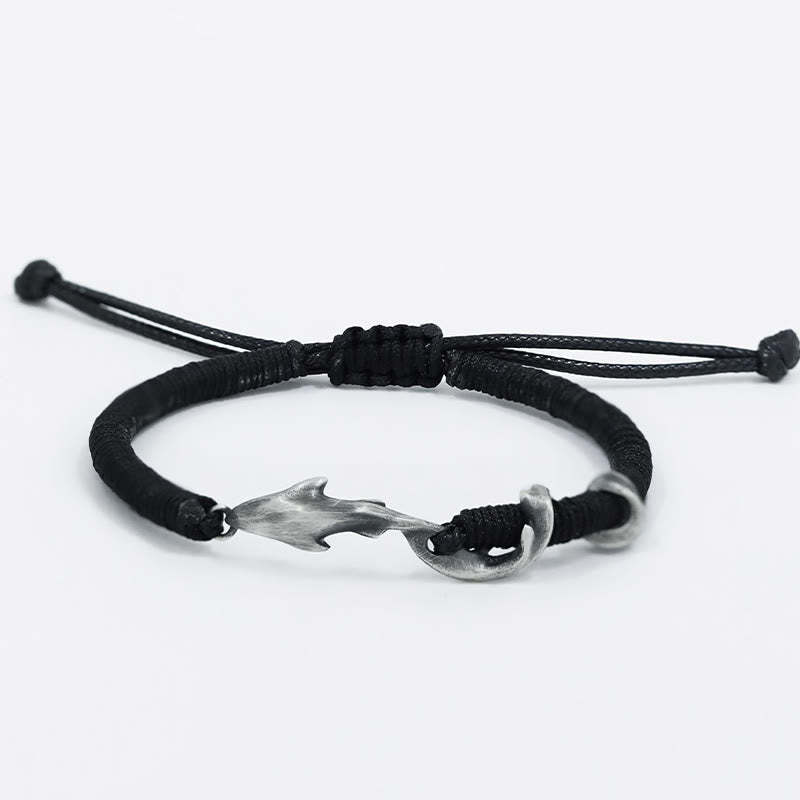 999 Sterling Silver Shark Black Wax Rope Protection Bracelet