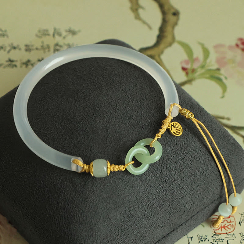 925 Sterling Silver Natural White Agate Hetian Jade Double Peace Buckle Fu Character Bracelet Bangle
