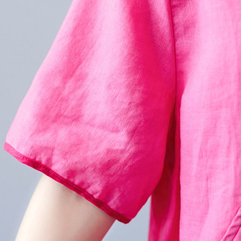 Summer Casual Ethnic Embroidery Flower Lace-up Short Sleeve V-neck Cotton Linen Women's T-Shirt