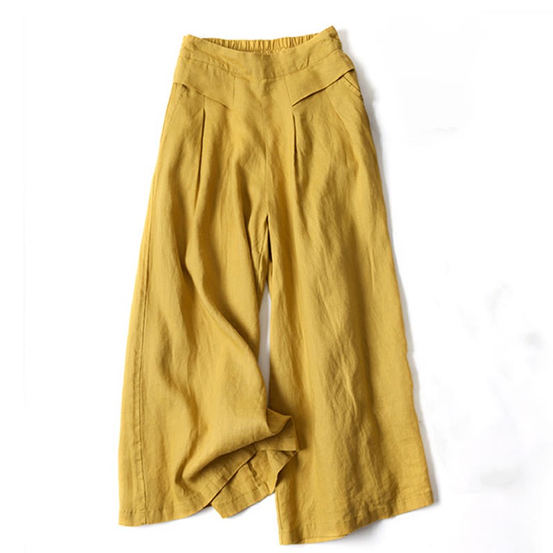 Plain Color Cotton Linen High Waist Wide Leg Pants With Pockets