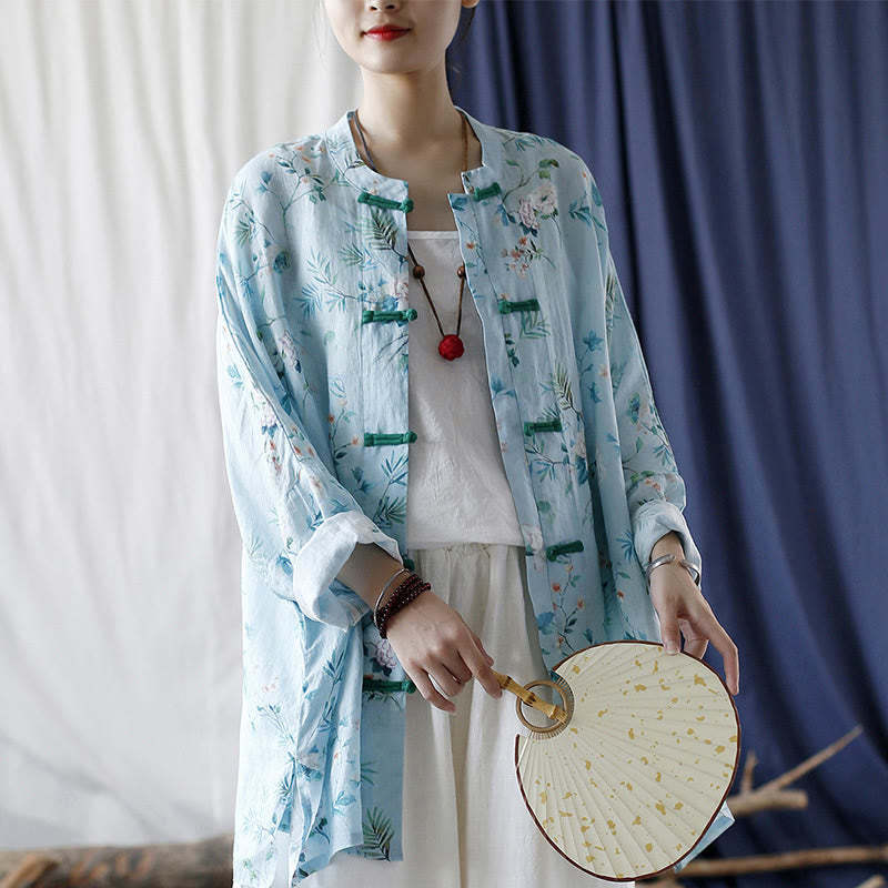 Light Green Pink Flowers Green Leaves Frog-Button Long Sleeve Ramie Linen Jacket Shirt