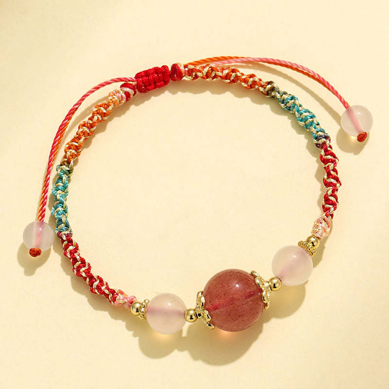 Strawberry Quartz Pink Crystal Prehnite White Agate Bead Healing Rope Bracelet
