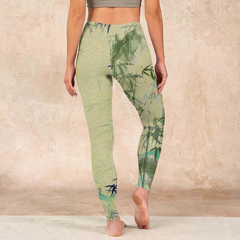 Bamboo Print Lycra Fabric Fitness Leggings Women's Yoga Pants