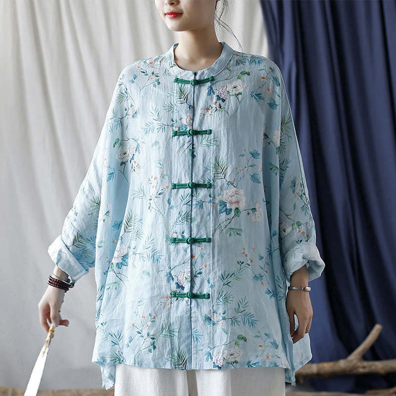 Light Green Pink Flowers Green Leaves Frog-Button Long Sleeve Ramie Linen Jacket Shirt
