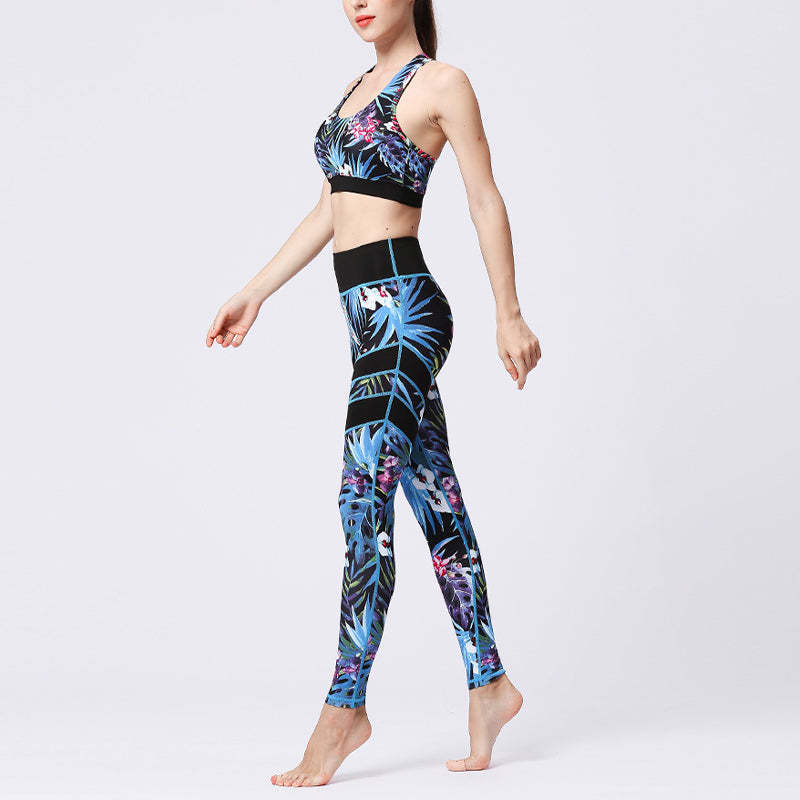 2Pcs Sunflower Flowers Leaves Print Top Pants Sports Fitness Yoga Women's Yoga Sets
