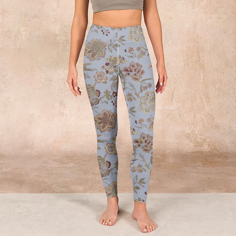 Grey Green Leaves Flowers Print Gym Leggings Women's Yoga Pants