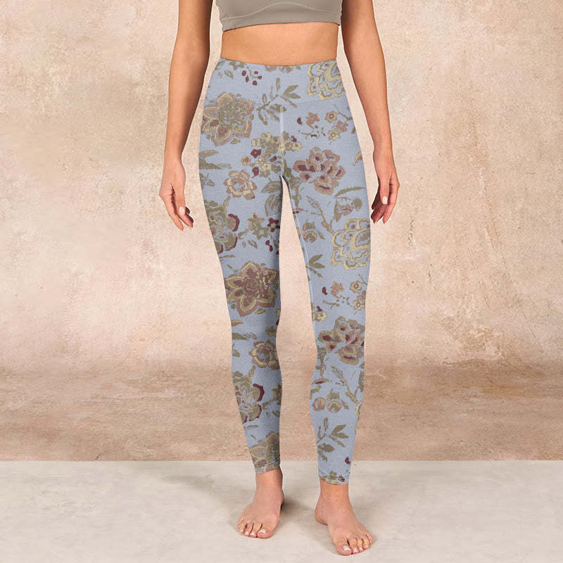 Grey Green Leaves Flowers Print Gym Leggings Women's Yoga Pants