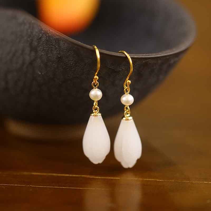 925 Sterling Silver White Jade Magnolia Flower Happiness Drop Earrings