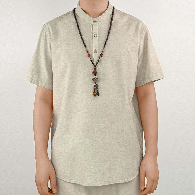 Solid Color Men Short Sleeve Button Linen Shirt