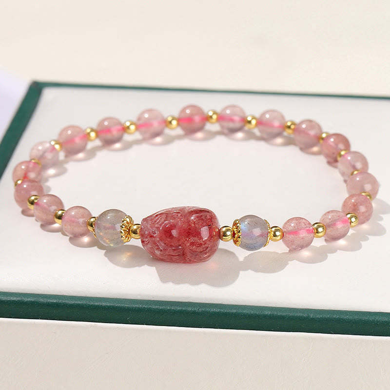 Moonstone Strawberry Quartz Tourmaline PiXiu Healing Bracelet