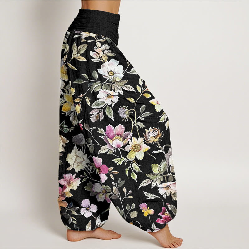 Elegant Flower Design Women's Elastic Waist Harem Pants