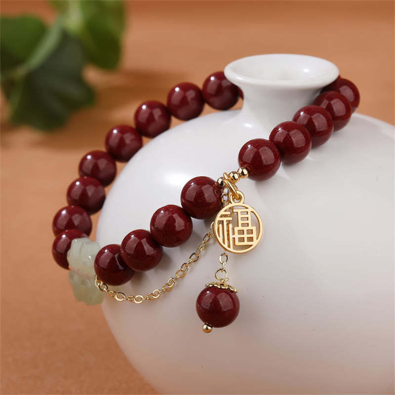 Cinnabar Fu Character Hetian Jade Lucky Four Leaf Clover Blessing Bracelet