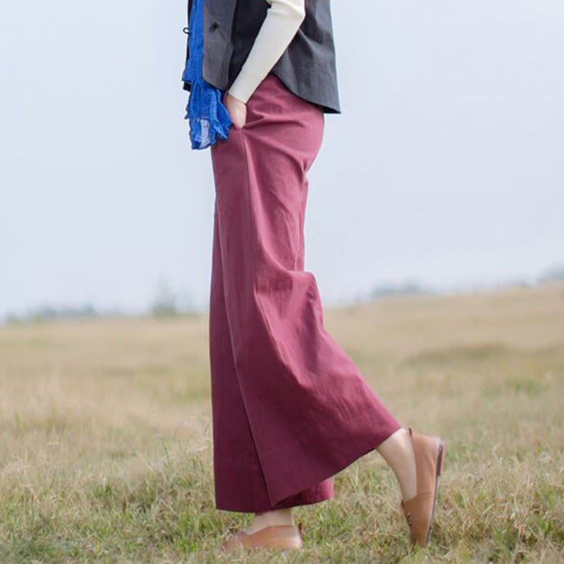 Casual Plain Loose Women's Ramie Wide Leg Pants With Pockets