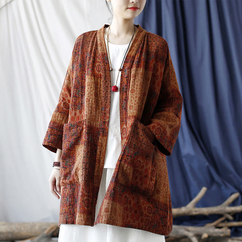 Orange Flower Geometry Print Cotton Open Front Jacket With Pockets