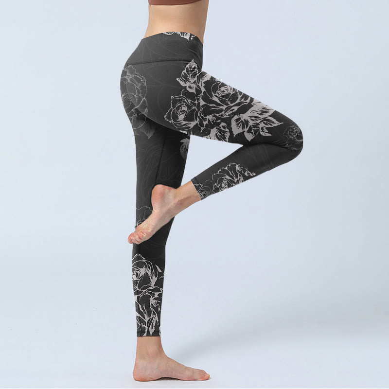 Gray Peony Rose Flower Sketch Print Gym Fitness Leggings Women's Yoga Pants
