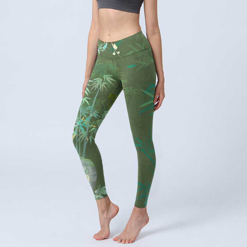 Green Bamboo Rock Flower Print Gym Leggings Women's Yoga Pants