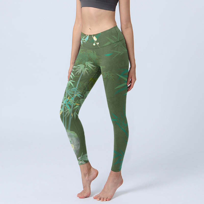 Green Bamboo Rock Flower Print Gym Leggings Women's Yoga Pants