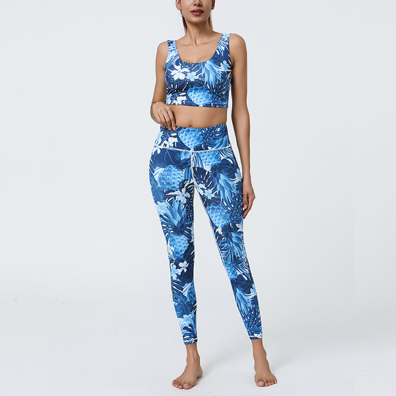 2Pcs Pineapple Grass Leaves Print Sports Fitness Crop Tank Bra High Waist Leggings Yoga Pants