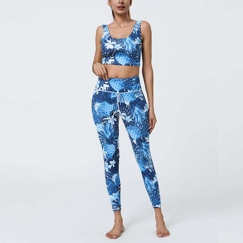 2Pcs Pineapple Grass Leaves Print Sports Fitness Crop Tank Bra High Waist Leggings Yoga Pants
