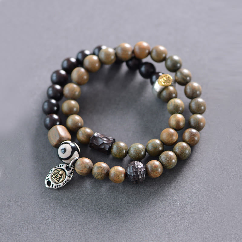 Tibetan Green Sandalwood Ebony Wood Three-eyed Dzi Bead Fu Character Balance Peace Double Wrap Bracelet