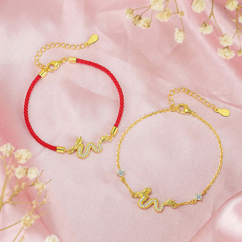925 Sterling Silver Year Of The Dragon Auspicious Golden Dragon Luck Red Rope Chain Bracelet (Extra 30% Off | USE CODE: FS30)