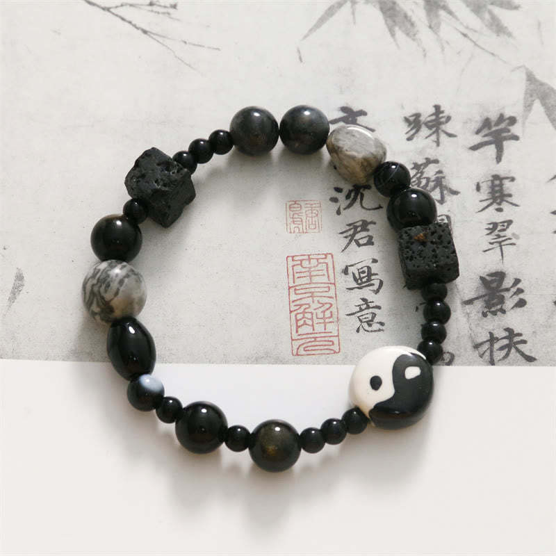 Black Onyx Picasso Jasper Bead Yin Yang Fortune Protection Bracelet