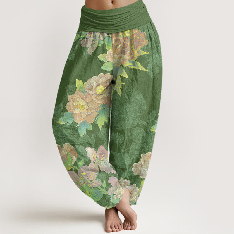 Big Pink Peonies Green Leaves Women's Elastic Waist Harem Pants