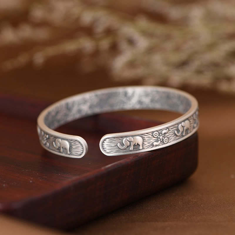 999 Sterling Silver Elephant Strength Wisdom Bracelet Cuff Bangle
