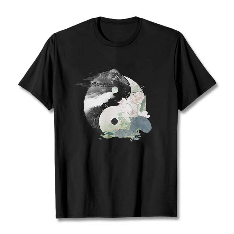 Yin Yang Lotus Leaf Ink Painting Cotton Tee T-shirt