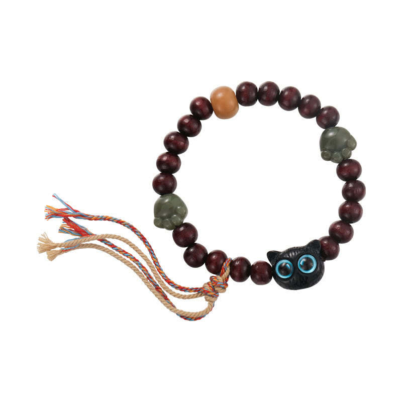 Ebony Wood Lovely Cat Jade Paw Peace Tassel Wood Bracelet