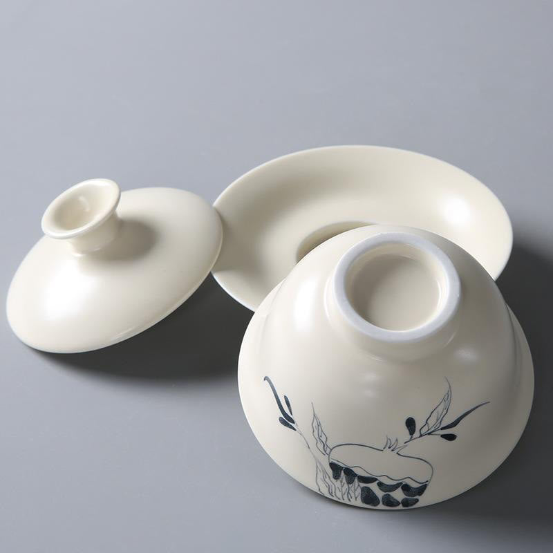 Hand Painted Pomegranate Hibiscus Pine Lotus Ceramic Gaiwan Sancai Teacup Kung Fu Tea Cup And Saucer With Lid
