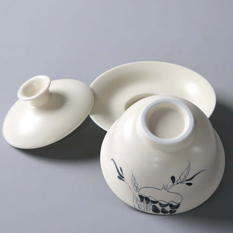 Hand Painted Pomegranate Hibiscus Pine Lotus Ceramic Gaiwan Sancai Teacup Kung Fu Tea Cup And Saucer With Lid