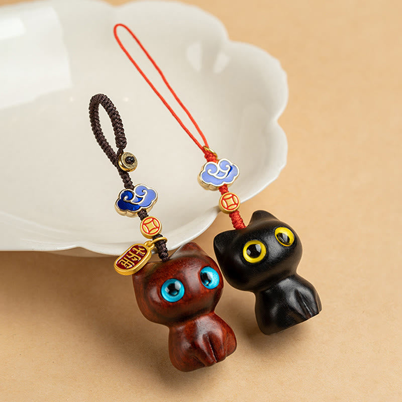 Small Leaf Red Sandalwood Ebony Wood Lucky Cat Protection Key Chain Phone Hanging Decoration