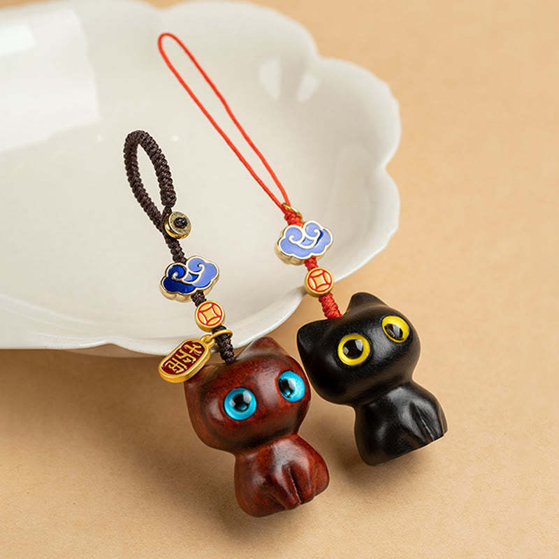 Small Leaf Red Sandalwood Ebony Wood Lucky Cat Protection Key Chain Phone Hanging Decoration