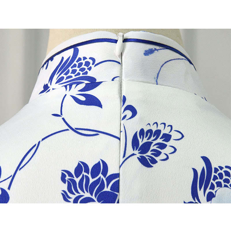 Blue And White Porcelain Color Peony Flower Pattern Cheongsam Dress Women's Qipao Dress