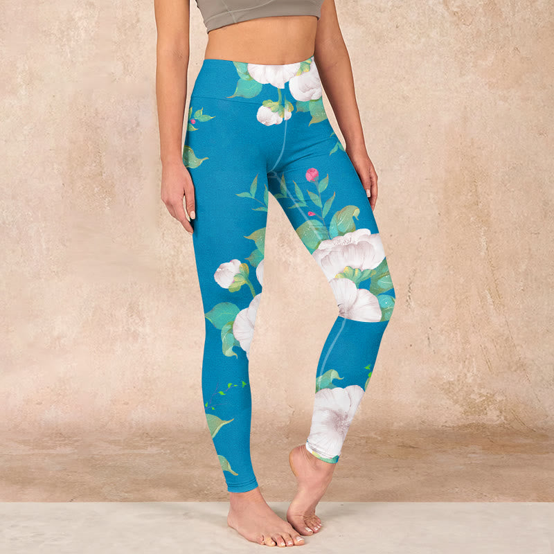 Blue White Flowers Leaves Print Sports Leggings Women's Yoga Pants