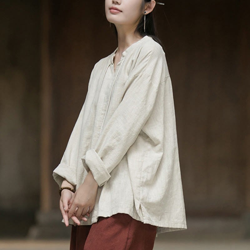 Retro Solid Color Long Sleeve Ramie Linen Women's Shirt