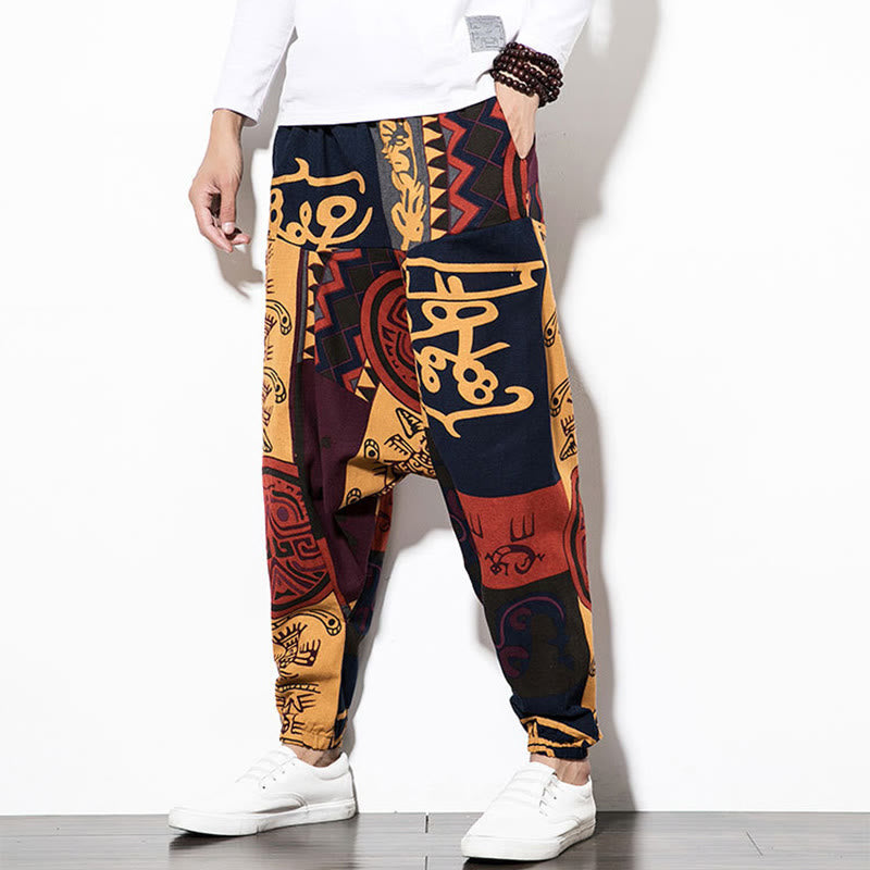 Red Brown Graffiti Bird Print Cotton Men's Harem Pants With Pockets
